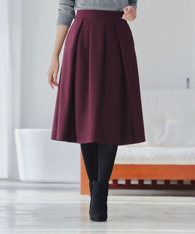Tiaclasse 【新色追加・洗える】ウール調タックフレアスカート ワインレッド