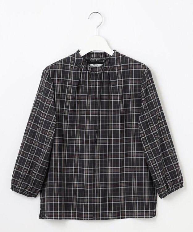 J.PRESS LADIES L プロビスストライプチェック フリルネック カットソー ネイビーチェック系