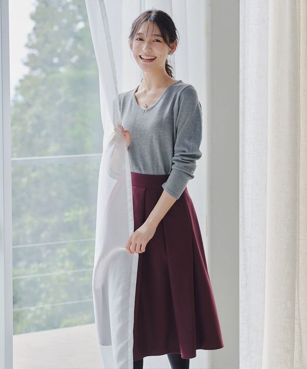 Tiaclasse 【新色追加・洗える】ウール調タックフレアスカート ワインレッド