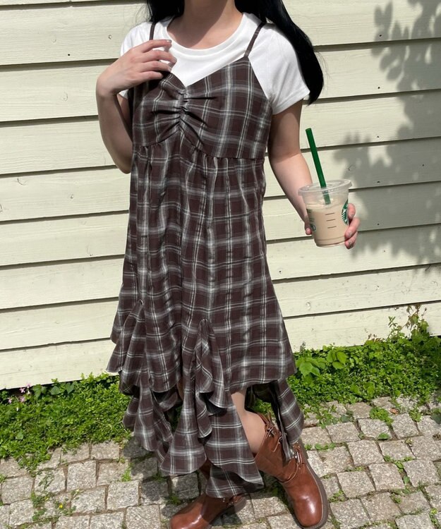 WEGO チェックイレヘムキャミワンピース ブラウンチェック1