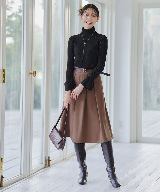 Tiaclasse 【新色追加・洗える】ウール調タックフレアスカート キャメル