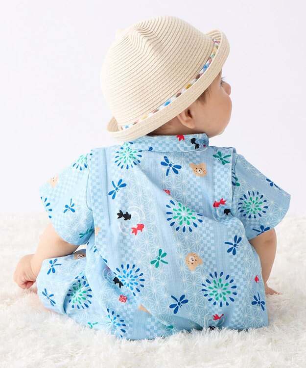 MIKI HOUSE HOT BISCUITS 【60-80cm】総柄 甚平オール ストームブルー