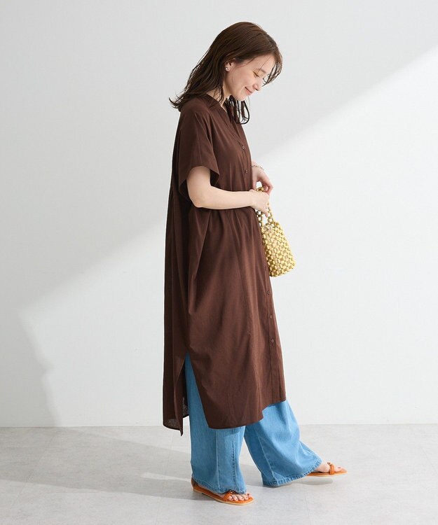 Green Parks 半袖シアースキッパーシャツワンピース Brown