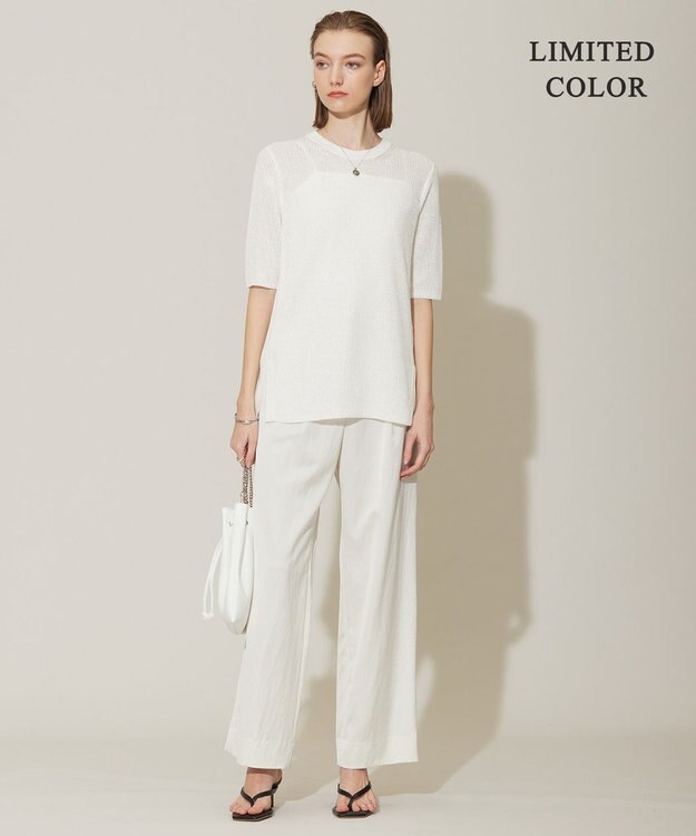 ICB 【WEB限定カラーあり・洗える】 ペーパーブレンドシャインニット 5分袖プルオーバー オフホワイト系［WEB限定］