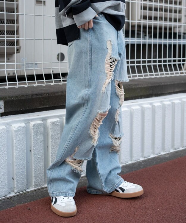 WEGO ダメージストレートデニムパンツ デニム淡加工色