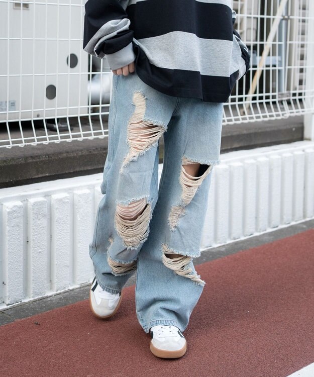 WEGO ダメージストレートデニムパンツ デニム淡加工色