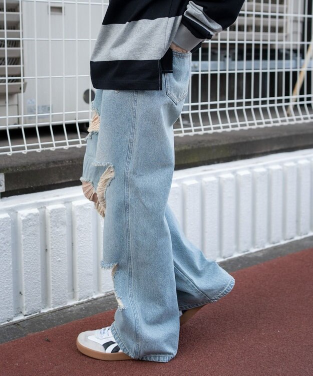 WEGO ダメージストレートデニムパンツ デニム淡加工色
