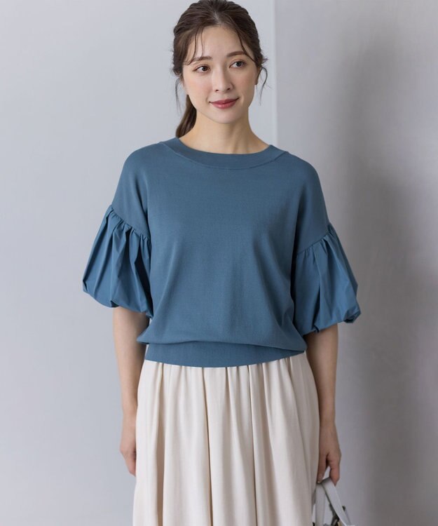 組曲 ストレッチクリアパフ袖 ニット チャコールブルー系