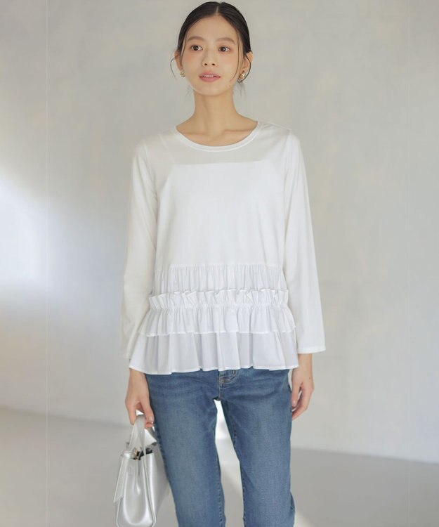 組曲 フリルシャツコンビ ロングTシャツ ホワイト系