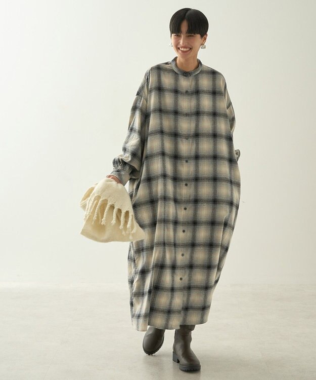 AMERICAN HOLIC バンドカラーチェックシャツワンピース Check Gray