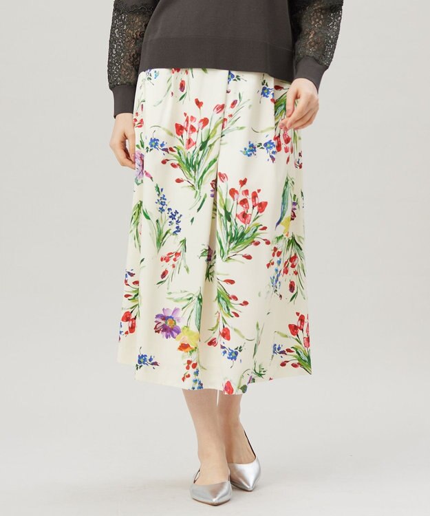 自由区 S 【洗える】ペイントタッチフラワープリント スカート アイボリーベース