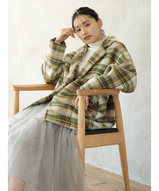 Green Parks ・ＥＬＥＮＣＡＲＥ　ＤＵＥ　シャギーチェックミドルコート Yellow