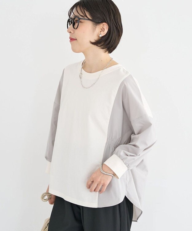 Green Parks ７分袖サイドシャーリングドッキングプルオーバ Off White