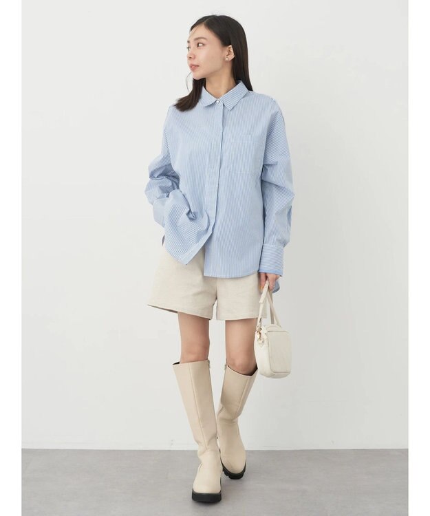 earth music&ecology パールボタンシャツ Stripe Blue