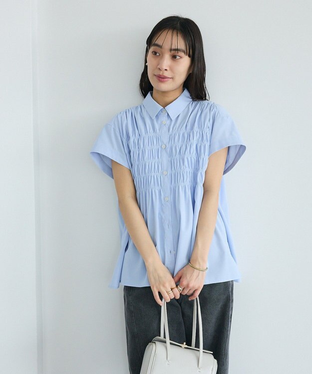 CRAFT STANDARD BOUTIQUE シャーリングショートスリーブブラウス Sax