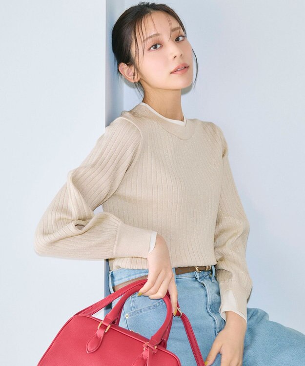 ANY SIS S 【WEB・一部店舗限定】ダブルカラー ニット シャンパン