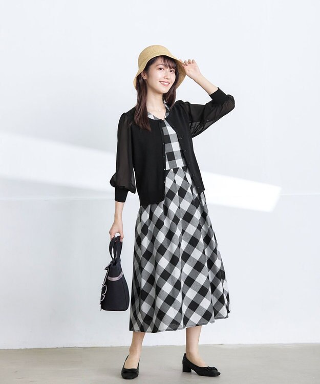 Tiaclasse L 【洗える】パフスリーブコンビカーディガン ブラック