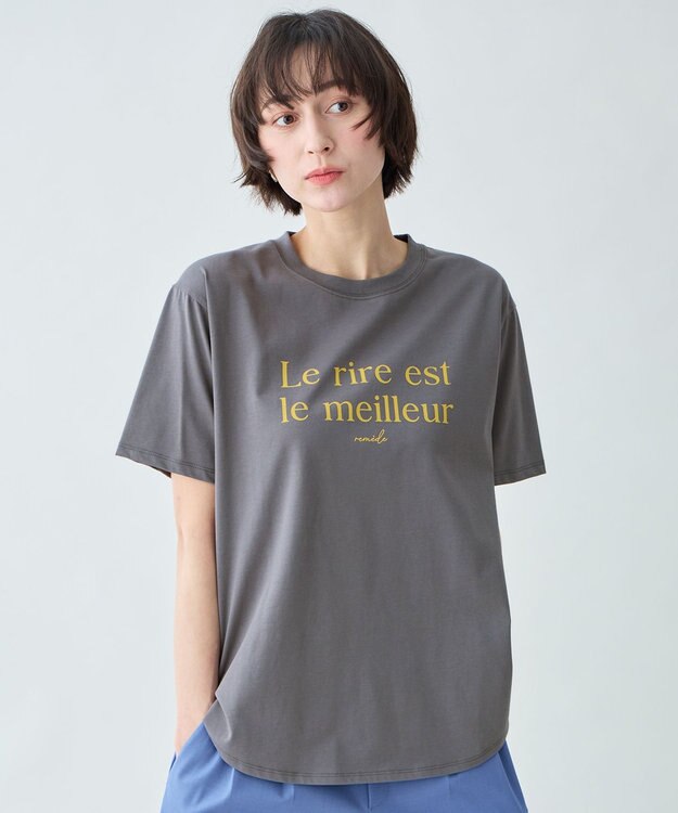 ANY アソートロゴラウンドヘムTシャツ チャコール×フロッキーロゴ