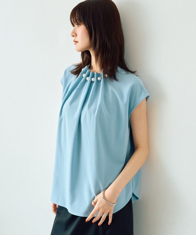 YECCA VECCA パールタックフレンチスリーブブラウス Light Blue