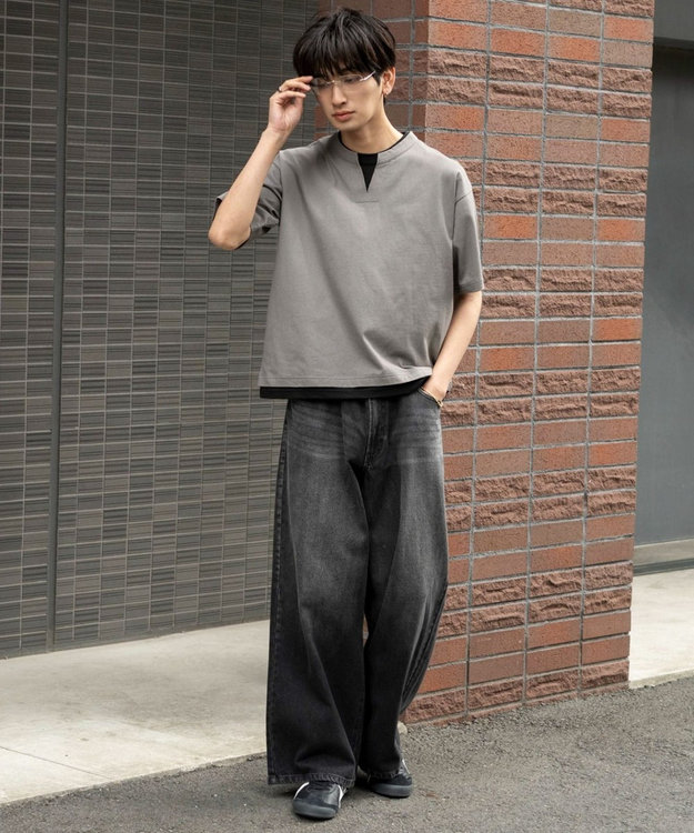 WEGO 【ユニセックス着用ITEM/MLサイズ展開】フェイクレイヤードキーネックT（SS） スミクロ