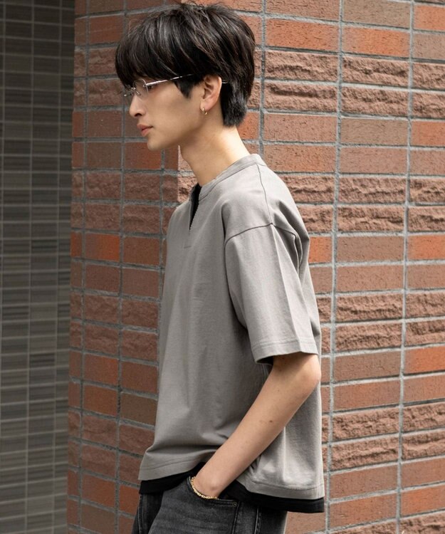 WEGO 【ユニセックス着用ITEM/MLサイズ展開】フェイクレイヤードキーネックT（SS） スミクロ