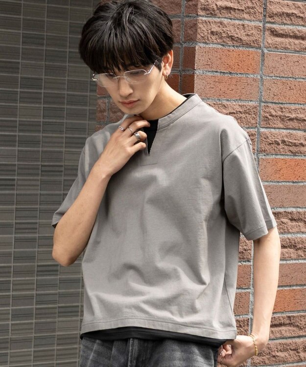 WEGO 【ユニセックス着用ITEM/MLサイズ展開】フェイクレイヤードキーネックT（SS） スミクロ