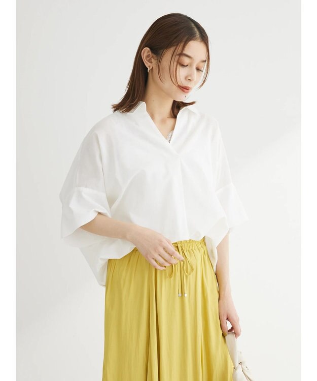 Green Parks 綿麻混スキッパーシャツ Off White