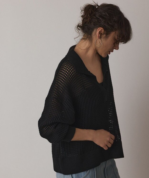 GRACE CONTINENTAL メッシュVネックニットトップ ブラック