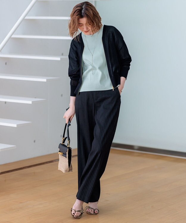 23区 【CLASSY.6月号掲載/洗える】リネンレーヨンストレッチ ワイドパンツ ブラックストライプ