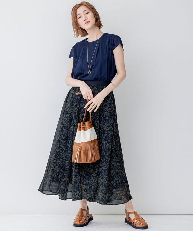 23区 L 【洗える】ボタニカルプリント フレア スカート カーキ×ネイビープリント