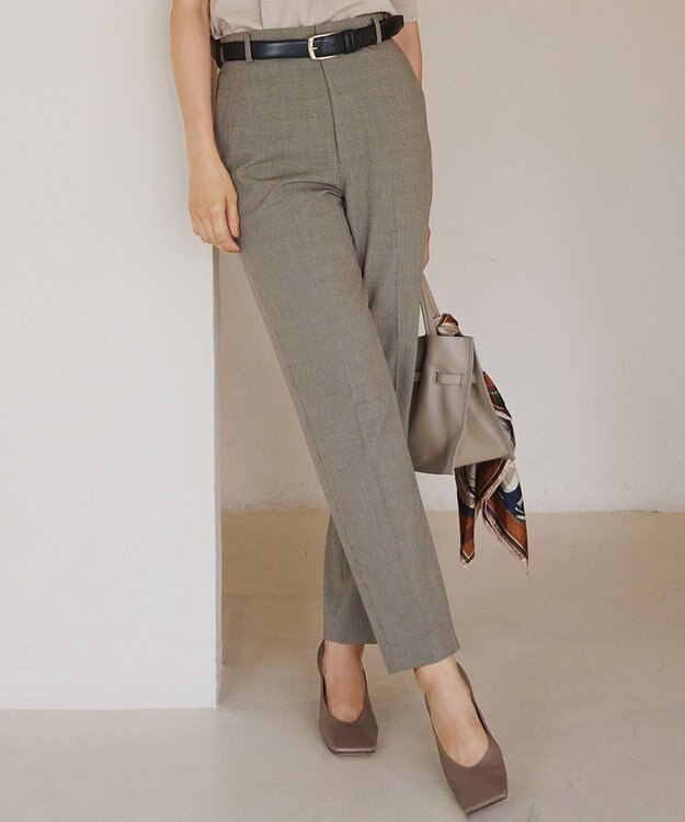 23区 L 【洗える】ドライ2WAYストレッチ チェック テーパードパンツ ダークブラウン系