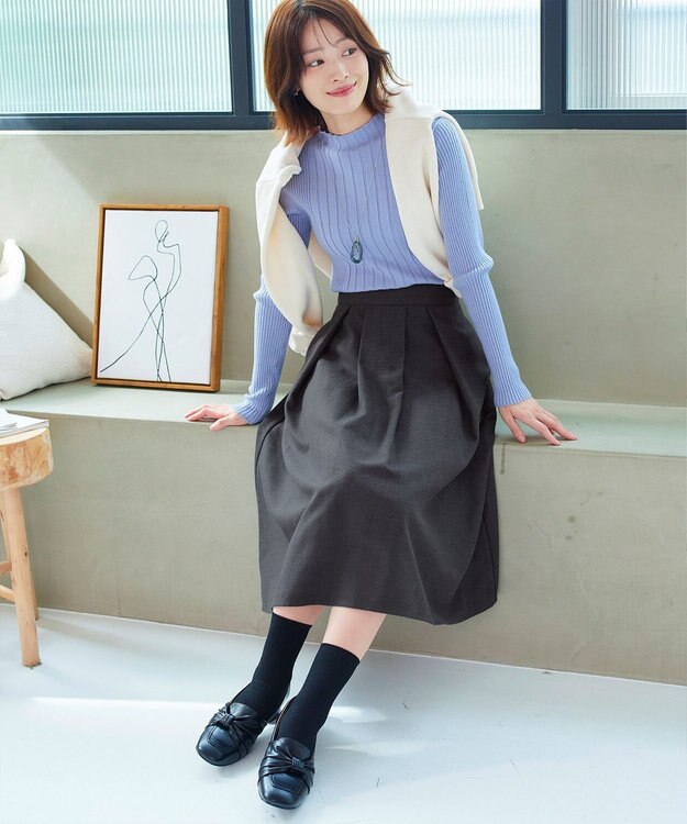 Tiaclasse 【新色追加・洗える】ウール調タックフレアスカート チャコールグレー