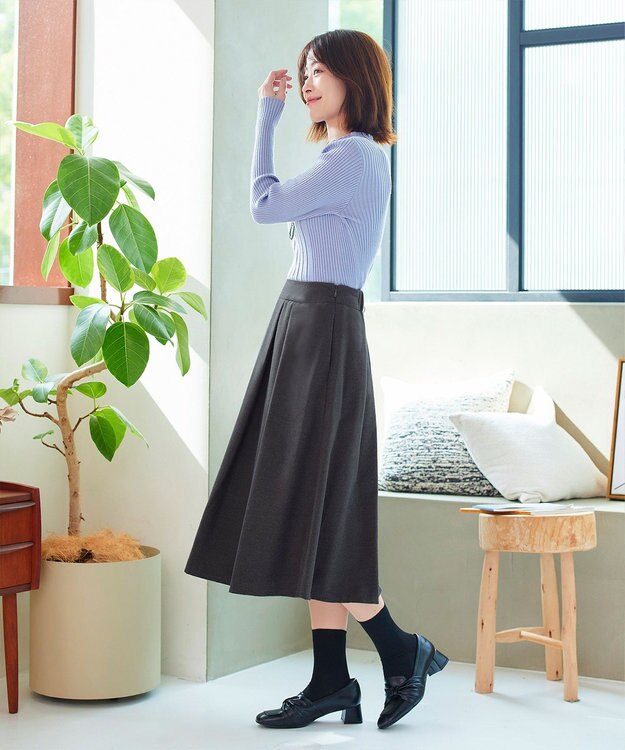 Tiaclasse 【新色追加・洗える】ウール調タックフレアスカート チャコールグレー
