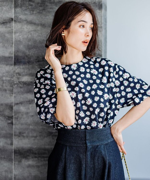 組曲 S 【組曲×setsuko sagittaire】ハイカウントストレッチプリント ブラウス ブラック系6