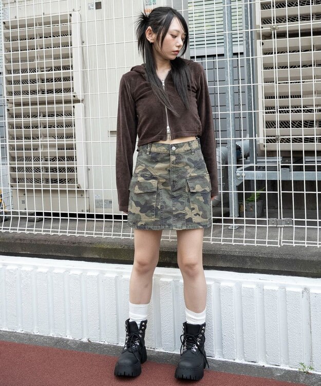 WEGO ベロアショートZIPパーカー ブラウン