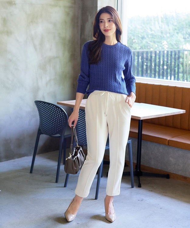 Tiaclasse L 【洗える】肩ボタンケーブルニットトップス ブルー