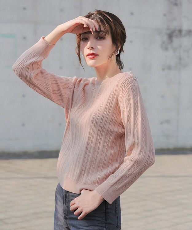 Tiaclasse L 【洗える】肩ボタンケーブルニットトップス ピンク