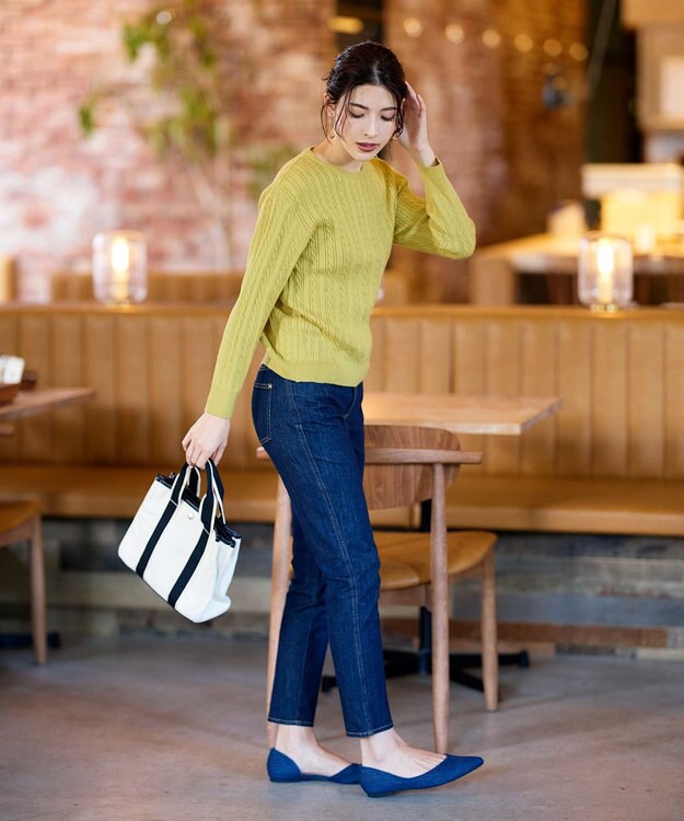 Tiaclasse L 【洗える】肩ボタンケーブルニットトップス ライム