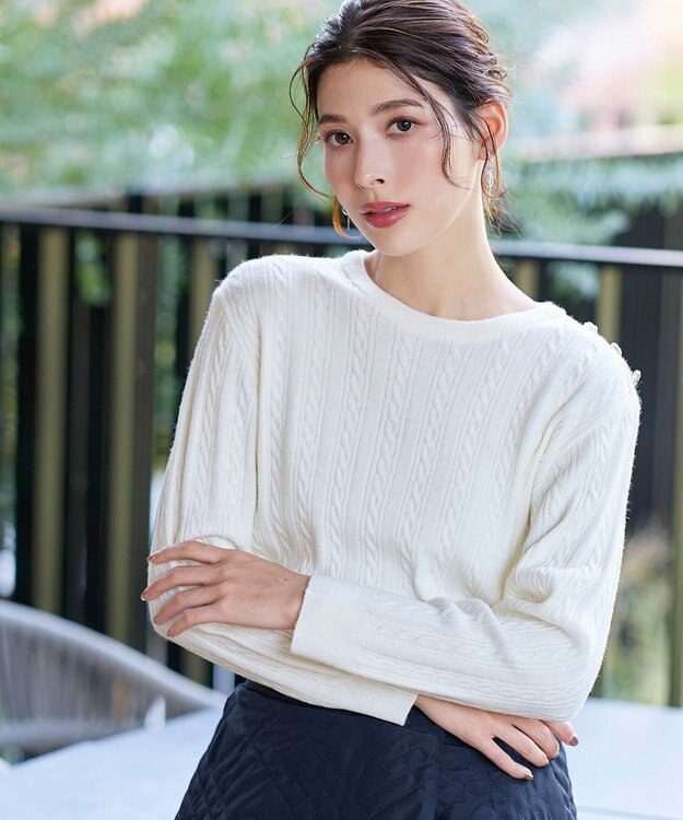 Tiaclasse L 【洗える】肩ボタンケーブルニットトップス オフホワイト