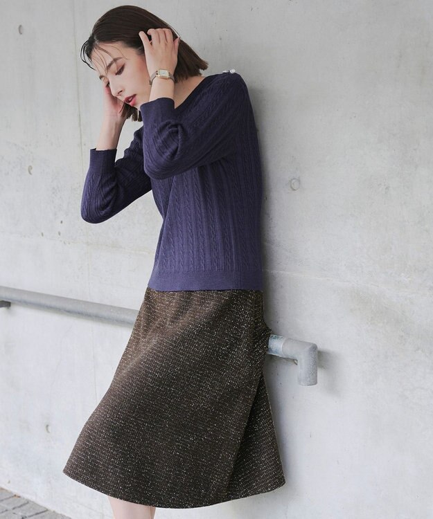 Tiaclasse L 【洗える】肩ボタンケーブルニットトップス ブルー