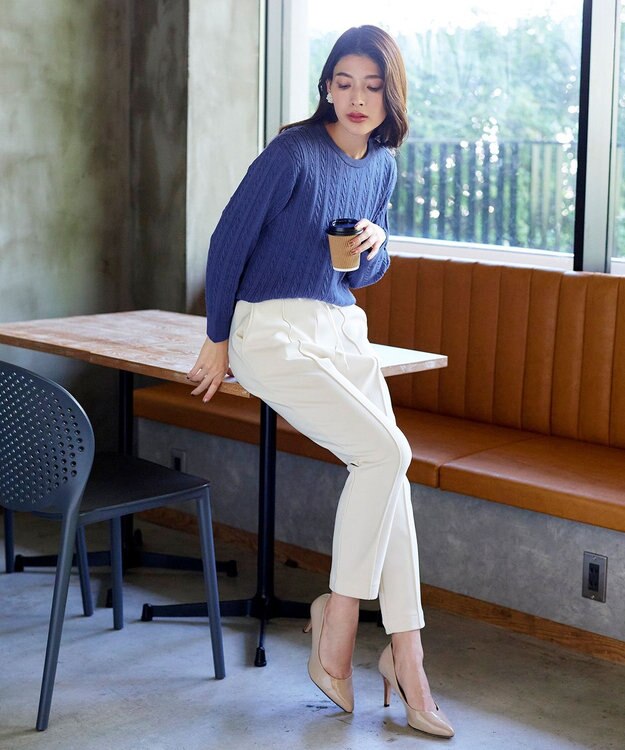 Tiaclasse 【洗える】肩ボタンケーブルニットトップス ブルー