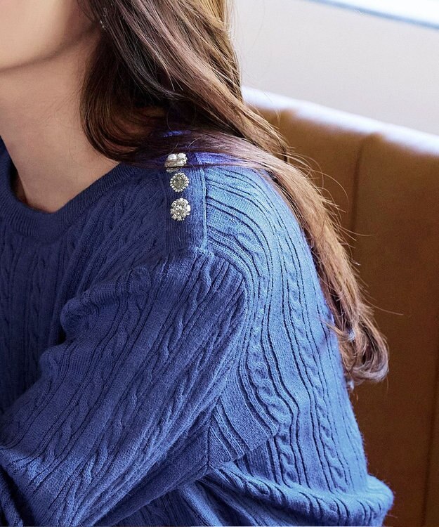 Tiaclasse L 【洗える】肩ボタンケーブルニットトップス ブルー