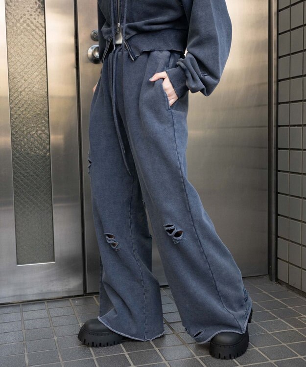 WEGO 【ウエストゴム】ダメージスウェットワイドパンツ ブルー