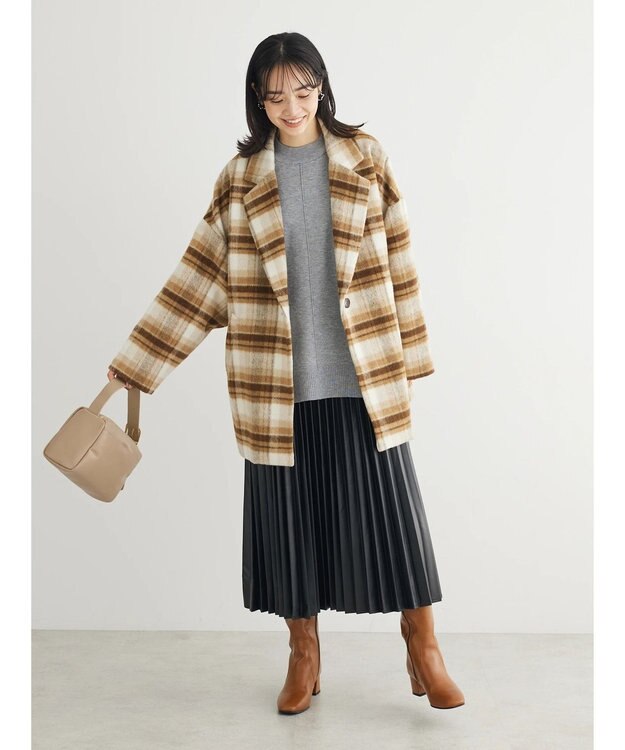 Green Parks ・ＥＬＥＮＣＡＲＥ　ＤＵＥ　シャギーチェックミドルコート Beige