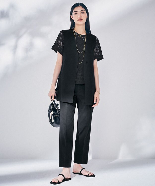 23区 L 【セットアップ対応】オックスストレッチ ノーカラー ジレ ブラック系