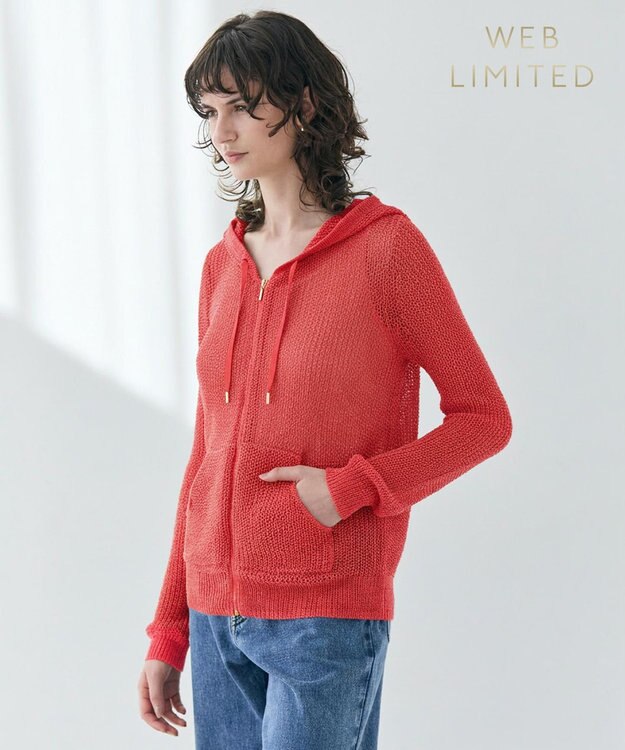 BEIGE， OPTICAL / ペーパーヤーンフーディージップニット Poppy Red