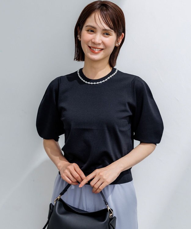 組曲 【ドラマ「銀河の一票」着用・WEB限定】クリアストレッチビジューレーン6分袖 ニット ブラック系