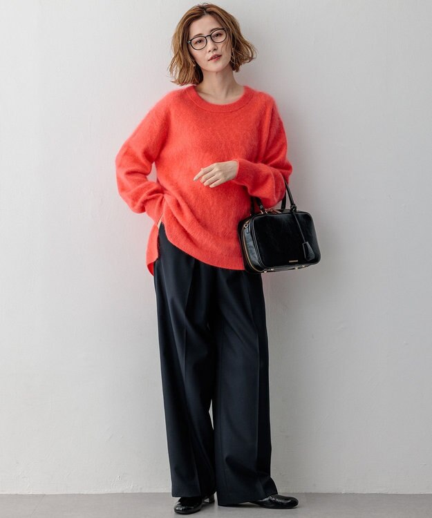 23区 L ナチュラルストレッチサキソニー タック ワイドパンツ ダークネイビー系