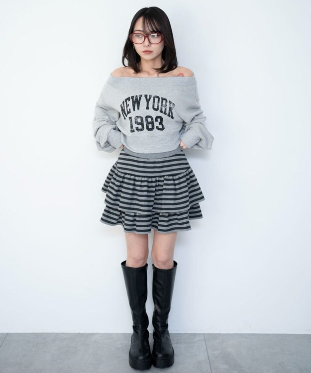 WEGO グラフィックオフショルショートスウェット 杢グレー