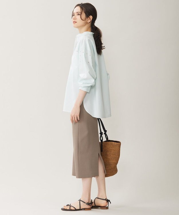 自由区 L 【洗える】テンセルコットンエンブロイダリーシャツ ブラウス サックス